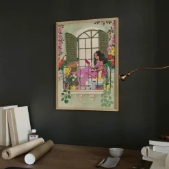Caroline Bonne Müller poster 50x70 cm woman reads on balcony with cats