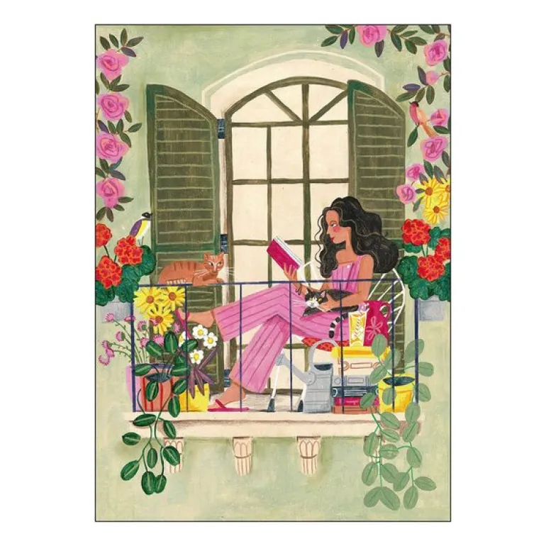 Caroline Bonne Müller poster 50x70 cm woman reads on balcony with cats