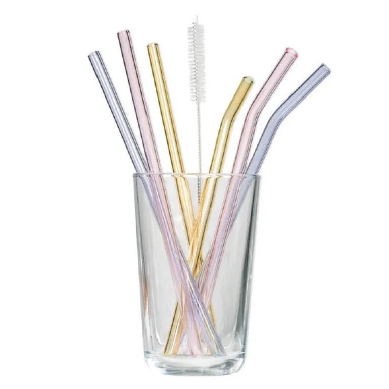Rainbow sugerør i glass 21,5 cm 6 stk lilla/rosa/gul