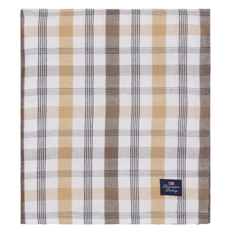 Rutete lin/bomulls duk 150x350 cm oliven/hvit/beige