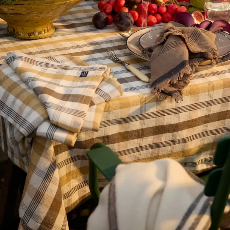 Rutete lin/bomulls duk 150x350 cm oliven/hvit/beige