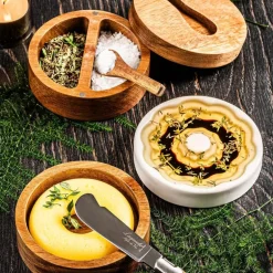 Serveringssett til olje/smør/krydder 3 deler hvit/akasietre