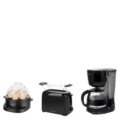 Sett med kaffebrygger, brødrister og eggekoker svart