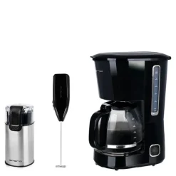 Sett med kaffetrakter 1,5L, melkeskummer og kaffekvern svart/rustfritt stål
